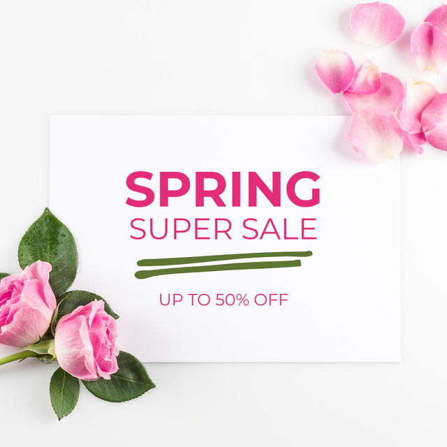 Spring Super Sale Announcement with Pink Roses Instagram AD Tasarım Şablonu