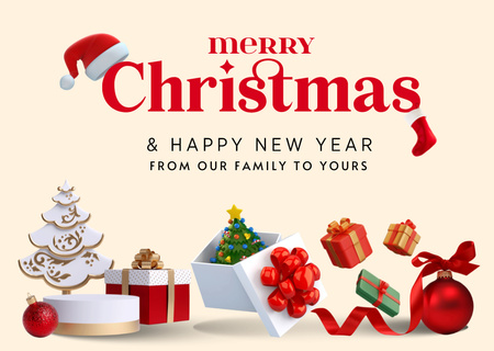 Platilla de diseño Christmas and New Year Greetings with Presents and Holiday Ribbons Postcard