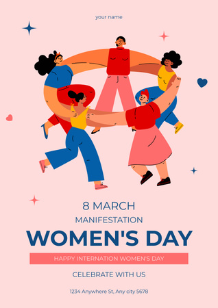 Dia Internacional da Mulher com Mulheres Felizes em Círculo Poster Modelo de Design