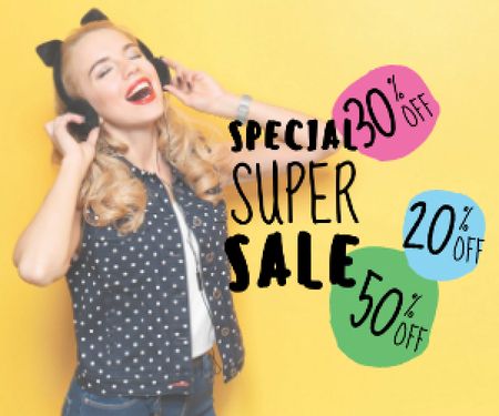 Plantilla de diseño de special super sale yellow banner with young woman in headphones Medium Rectangle 