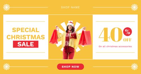 Woman on Christmas Shopping Yellow Facebook AD Design Template