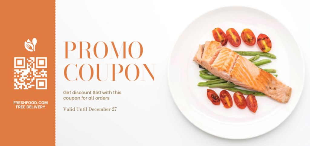 Template di design Promo Voucher for Fresh Fish Dish Served Coupon Din Large