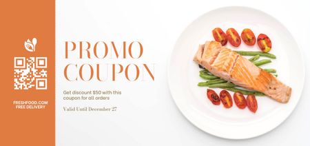 Promo Voucher for Fresh Fish Dish Served Coupon Din Large Design Template