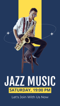 Designvorlage Jazz-Party-Ankündigung mit Saxophonist auf Blau für Instagram Story