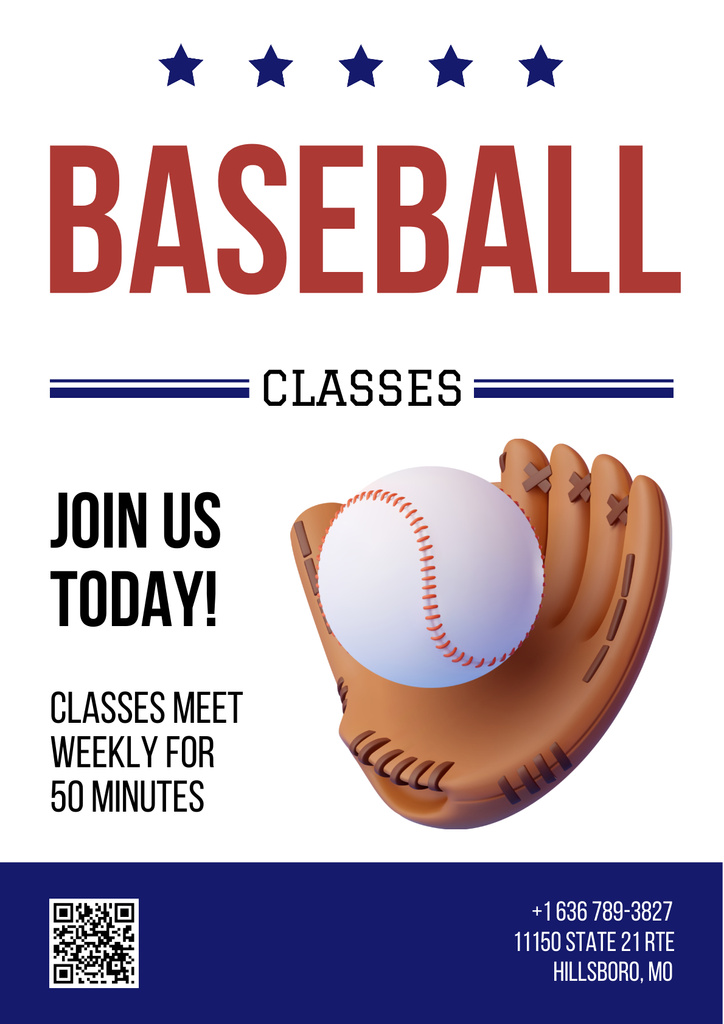 Baseball Classes Ad with Glove and Ball Poster Tasarım Şablonu