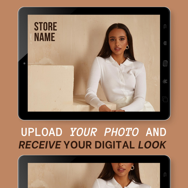 Stylish Woman in White Offers New Mobile App Animated Post Modelo de Design