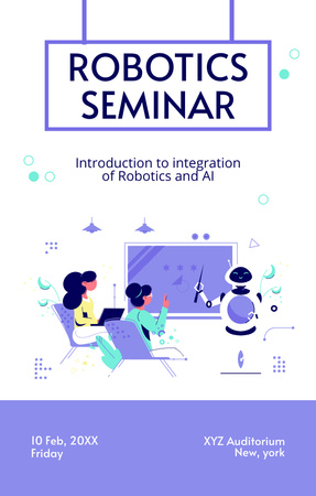 Объявление о технологическом семинаре с роботом на фиолетовом фоне Invitation 4.6x7.2in – шаблон для дизайна