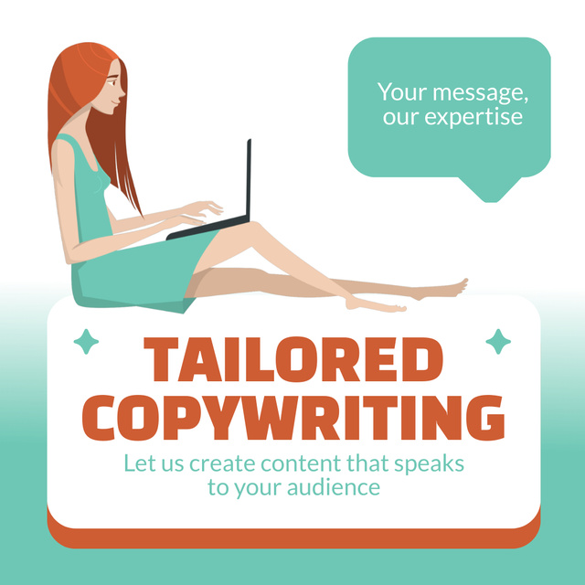 Services of Tailored Copywriting with Woman typing on Laptop Animated Post Tasarım Şablonu