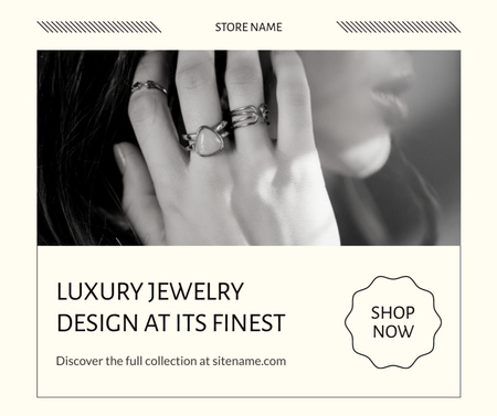 Designvorlage Werbung für Luxusschmuck mit einer Frau, die Ringe trägt für Facebook