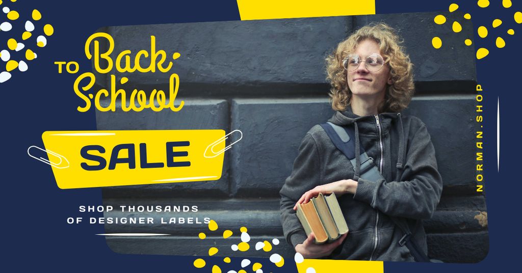 Back to School Sale Student Holding Books Facebook AD Modelo de Design
