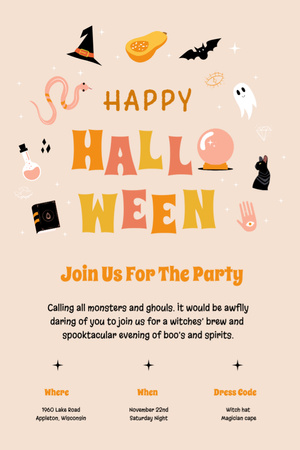 Halloween Party Announcement with Holiday Attributes Invitation 6x9in Design Template