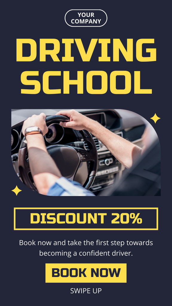 Driving School Lessons With Discount And Booking In Blue Instagram Story Πρότυπο σχεδίασης