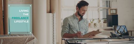 Designvorlage Young man working at home, freelance lifestyle concept für Twitter