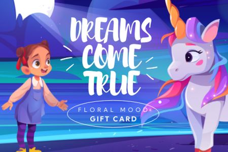 Designvorlage Girl and Cute Unicorn für Gift Certificate