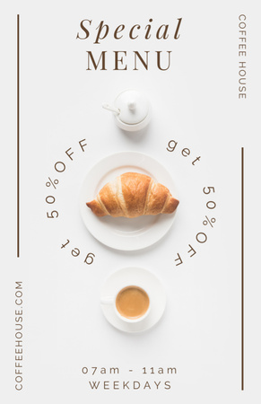 Ontwerpsjabloon van Recipe Card van Speciale Menu-advertentie met Croissant en Koffie