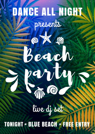 Dance Party Invitation with Palm Leaves Flayer Design Template