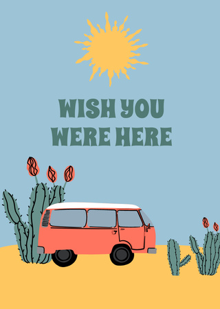 Cute Phrase with Bus in Desert Postcard A6 Verticalデザインテンプレート