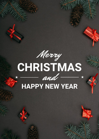 Christmas And Happy New Year Wishes In Black Postcard A6 Vertical – шаблон для дизайна
