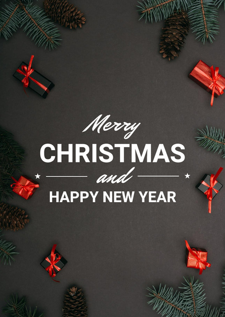 Christmas And Happy New Year Wishes In Black Postcard A6 Vertical – шаблон для дизайну