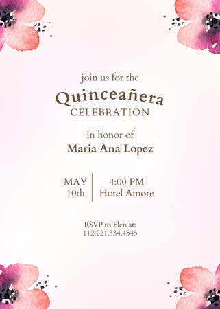 Quinceañera Celebration Announcement With Watercolor Flowers Invitation tervezősablon