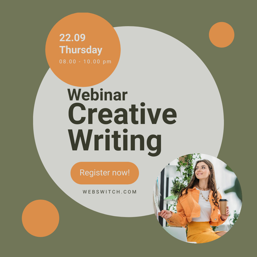 Creative Writing Webinar Proposal with Young Woman in Orange Jacket Instagram Design Template