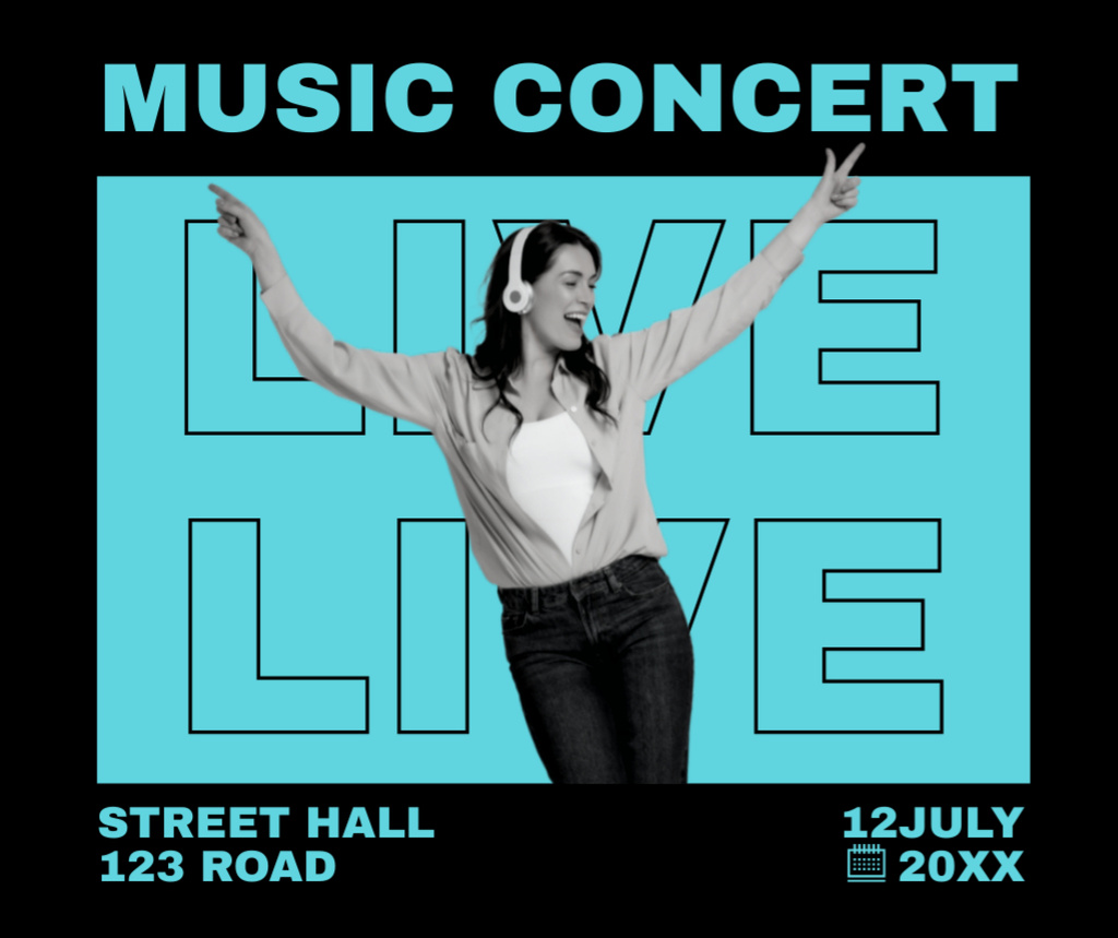 Live Music Concert Invitation with Beautiful Brunette Facebook Πρότυπο σχεδίασης