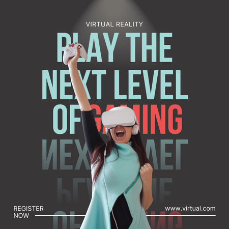 Modèle de visuel Annonce de jeu en réalité virtuelle avec une femme joyeuse portant des lunettes VR - Instagram