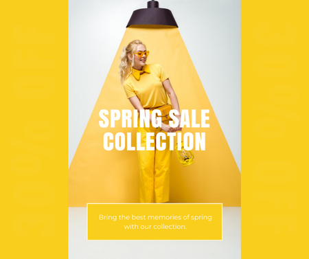 Trendy Spring Sale with Blonde in Yellow Facebook Šablona návrhu