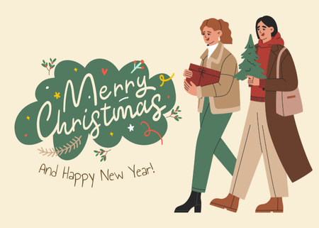 Designvorlage Graceful Christmas and New Year Cheers with Two Happy Woman für Postcard 5x7in