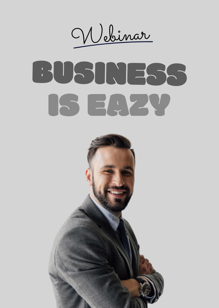 Business Event Announcement with Smiling Businessman Flyer A6 tervezősablon