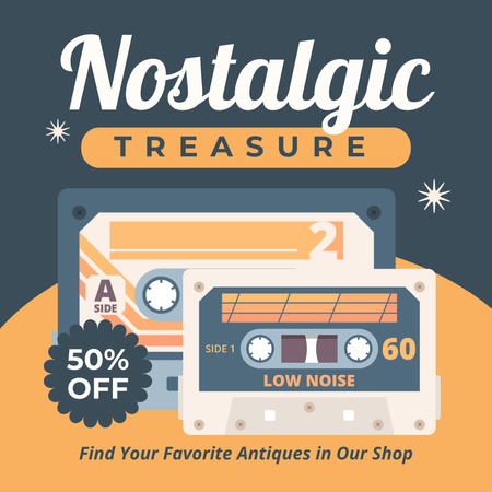 Ontwerpsjabloon van Instagram AD van Nostalgische geluiden uit audiocassette met korting in antiekwinkel
