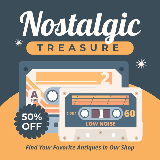 Nostalgic Sounds From Audio Cassette With Discount In Antique Store Instagram AD tervezősablon