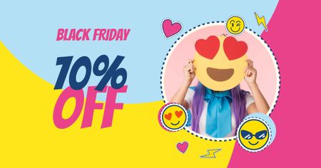 Black Friday Sale Offer with Woman holding Emoji Facebook AD Modelo de Design