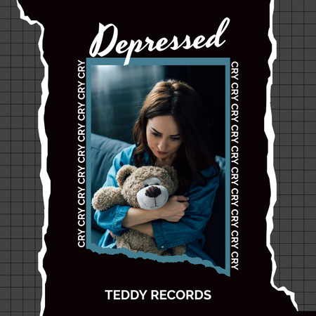 Sad Girl Hugging Teddy Bear Album Cover Design Template