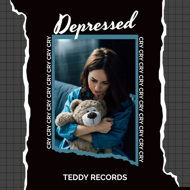 Sad Girl Hugging Teddy Bear Album Cover tervezősablon