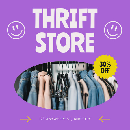 Käytettyjen vaatteiden myymälä violetti Instagram AD Design Template