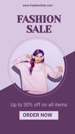 Fashion Sale Ad with Girl in Earphones in Violet Instagram Story Modelo de Design