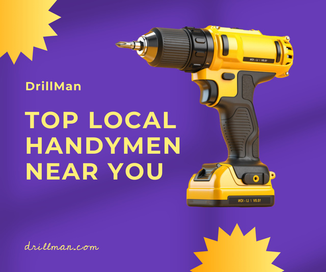 Effective Handyman Services Offer With Drill In Purple Large Rectangle Design Template