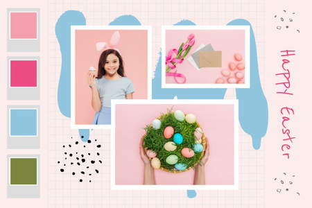 Template di design Collage di vacanze di Pasqua con bambino felice e uova colorate Mood Board