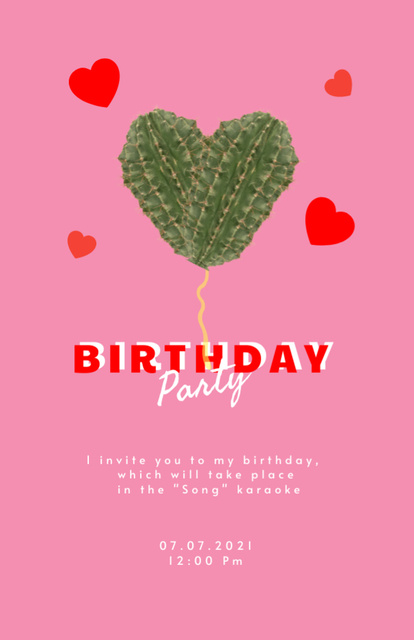 Birthday Party Announcement With Cactus Heart Invitation 5.5x8.5in – шаблон для дизайну