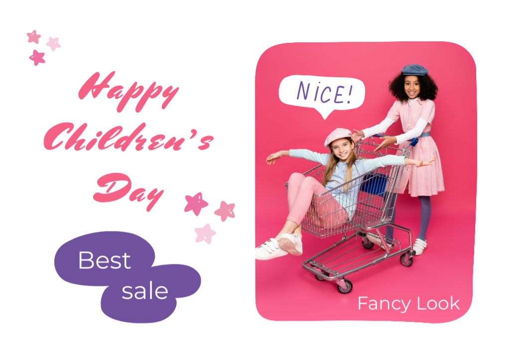 Plantilla de diseño de Children's Day Sale Offer With Smiling Girls And Trolley in Pink Postcard 5x7in 
