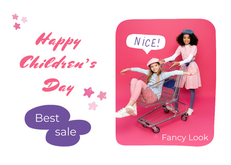 Ontwerpsjabloon van Postcard 5x7in van Children's Day Sale Offer With Smiling Girls And Trolley in Pink