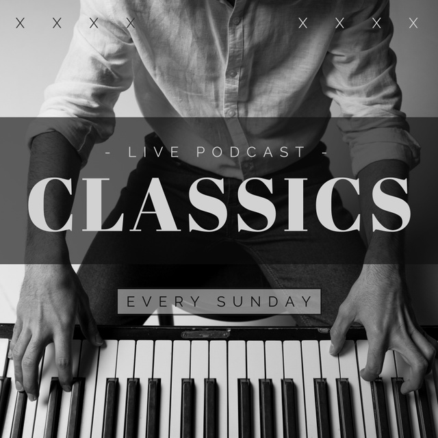 Classic Piano Musician On Talk Show Announcement Podcast Cover Πρότυπο σχεδίασης
