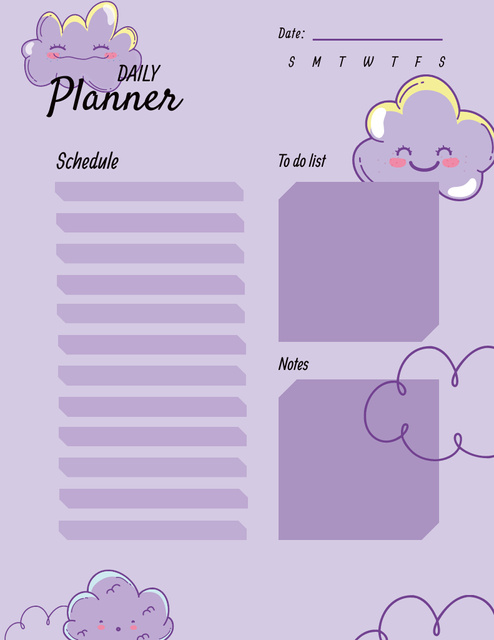 Daily Planner with Cute Cartoon Clouds Notepad 8.5x11in Tasarım Şablonu