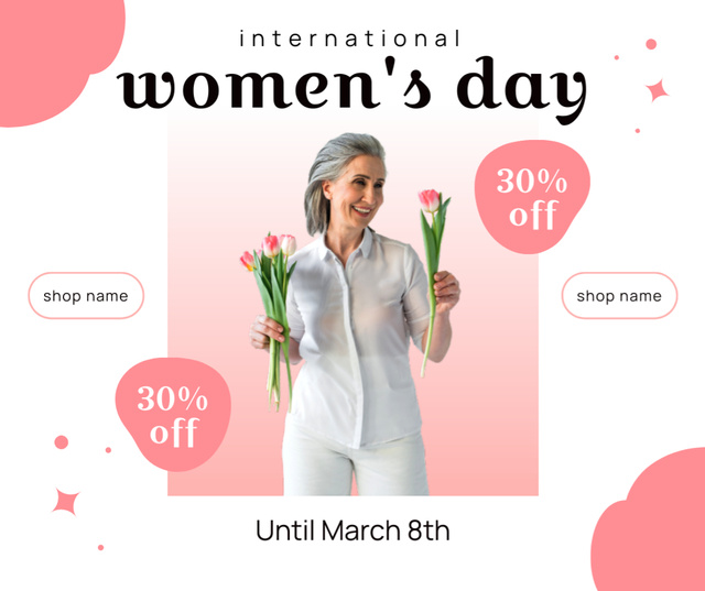 Beautiful Senior Woman with Flowers on Women's Day Facebook Design Template
