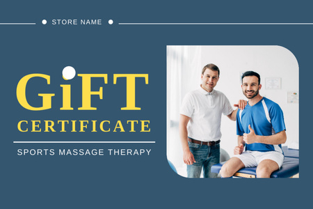 Sports Massage Center Ad with Smiling Therapist and Athlete Gift Certificate Design Template