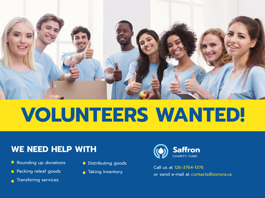 Modèle de visuel Smiling Team of Volunteers in Blue T-shirts - Poster 18x24in Horizontal