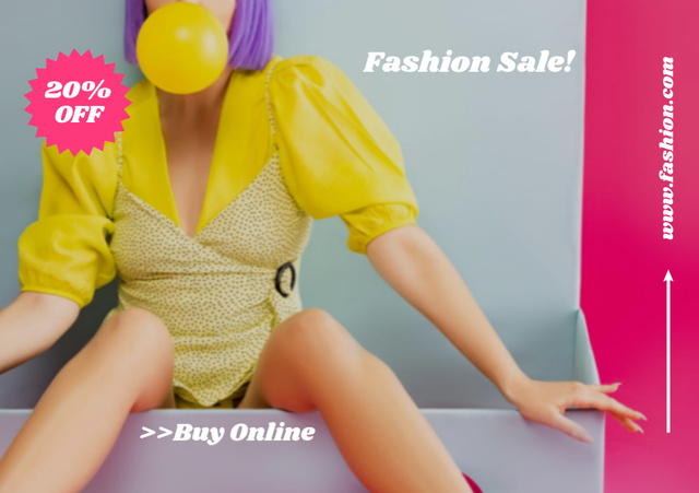 Fashion Sale Announcement with Fancy Woman Blowing Gum Flyer A5 Horizontal Πρότυπο σχεδίασης