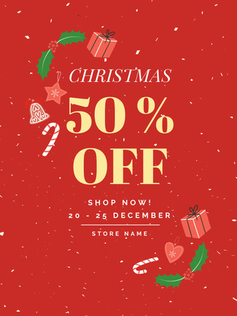 Christmas Sale Offer Illustrated Candy Cane and Presents Poster US Design Template