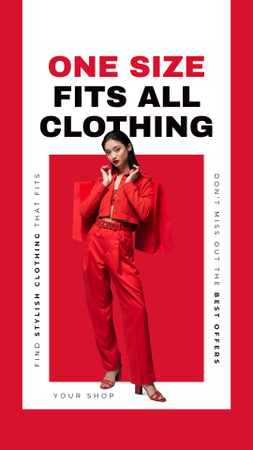 Designvorlage Angebot von Kleidung in Einheitsgröße mit Frau in leuchtend rotem Outfit für Instagram Story